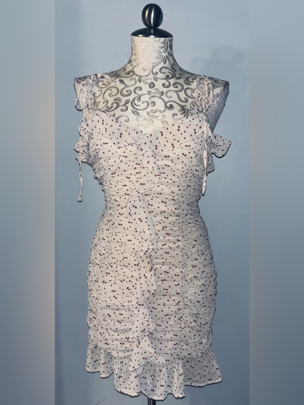 Storia Rushed Ruffle Tie-Strap Floral Print Dress Size Medium